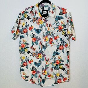 Batman Mens Button Up Shirt Medium Cartoon Superhero Tropical Floral Hawaii